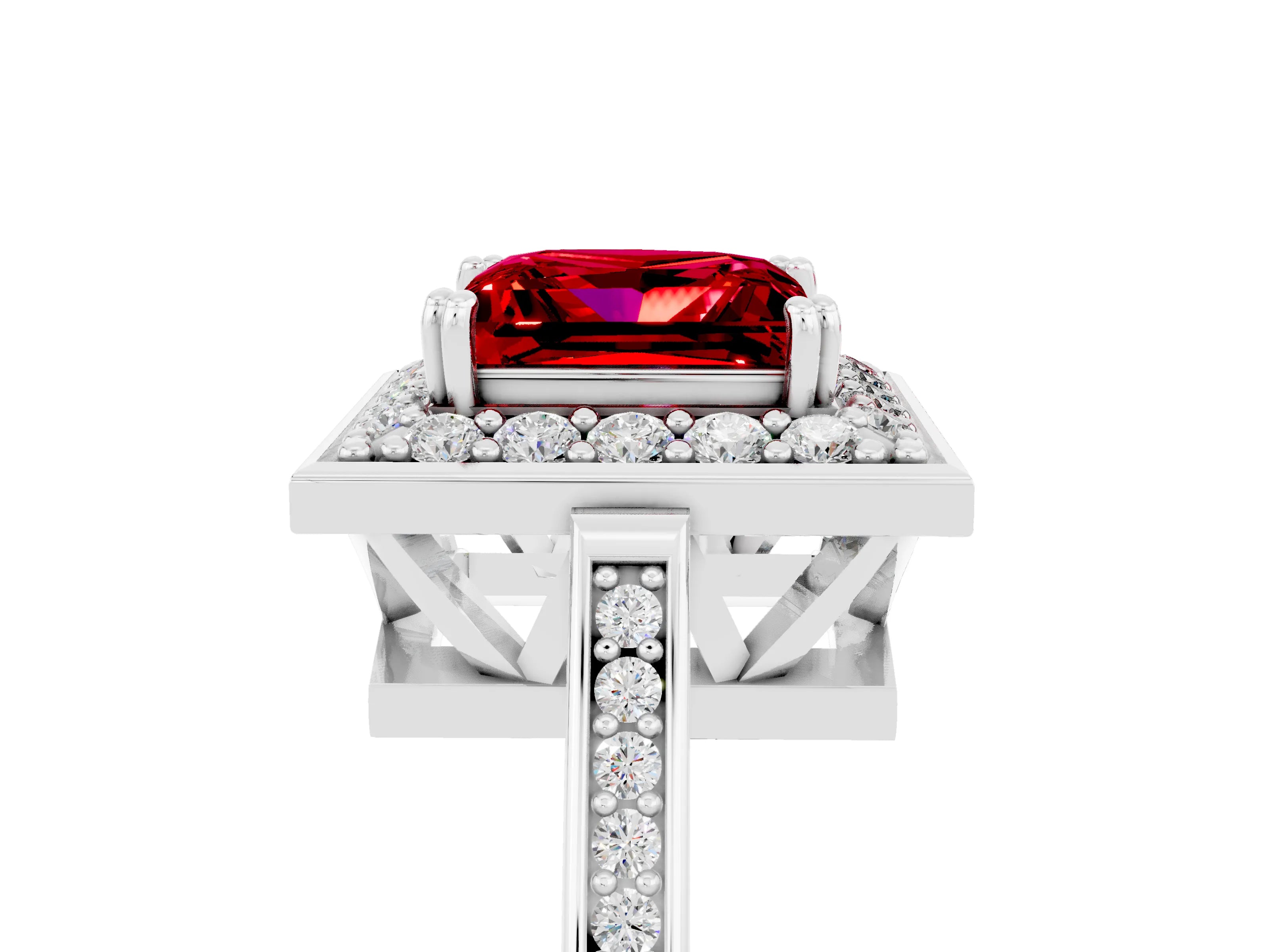 White gold Princess Cut Ruby Halo Ring with Split Shank and Four-Prong Setting_5