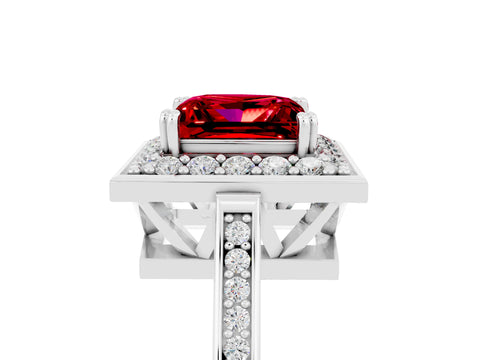 White gold Princess Cut Ruby Halo Ring with Split Shank and Four-Prong Setting_5