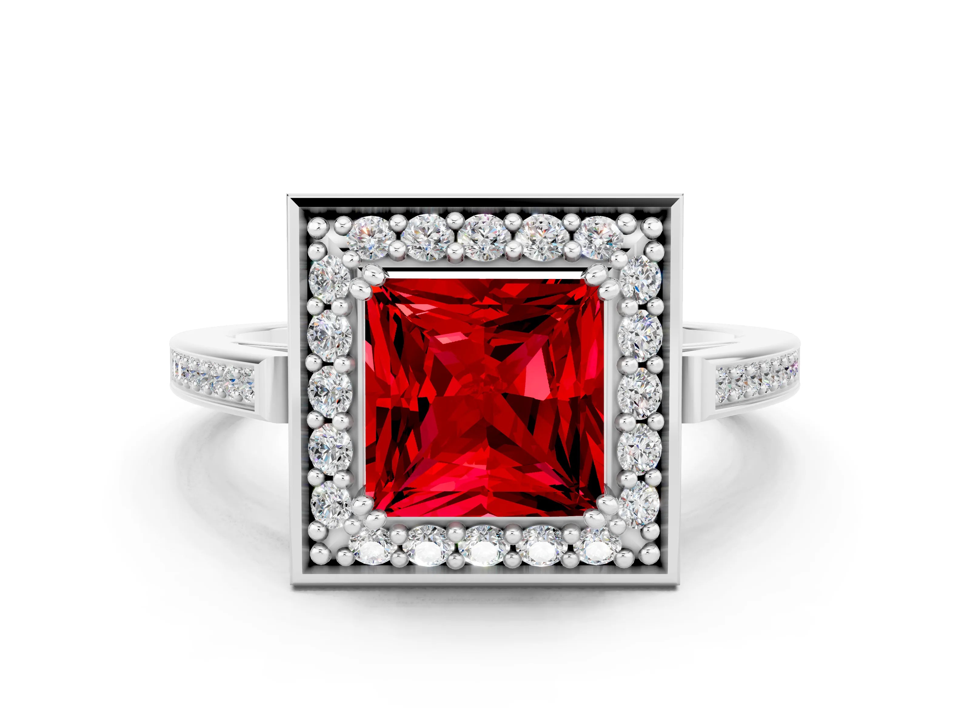 White gold Princess Cut Ruby Halo Ring with Split Shank and Four-Prong Setting_7