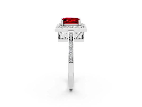 Silver Princess Cut Ruby Halo Ring with Split Shank and Four-Prong Setting