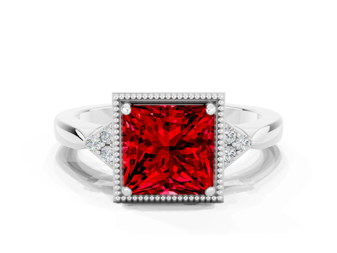 White gold Princess Cut Ruby Halo Ring with Tapered Band and Four-Prong Setting