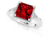 White gold Princess Cut Ruby Halo Ring with Tapered Band and Four-Prong Setting_1