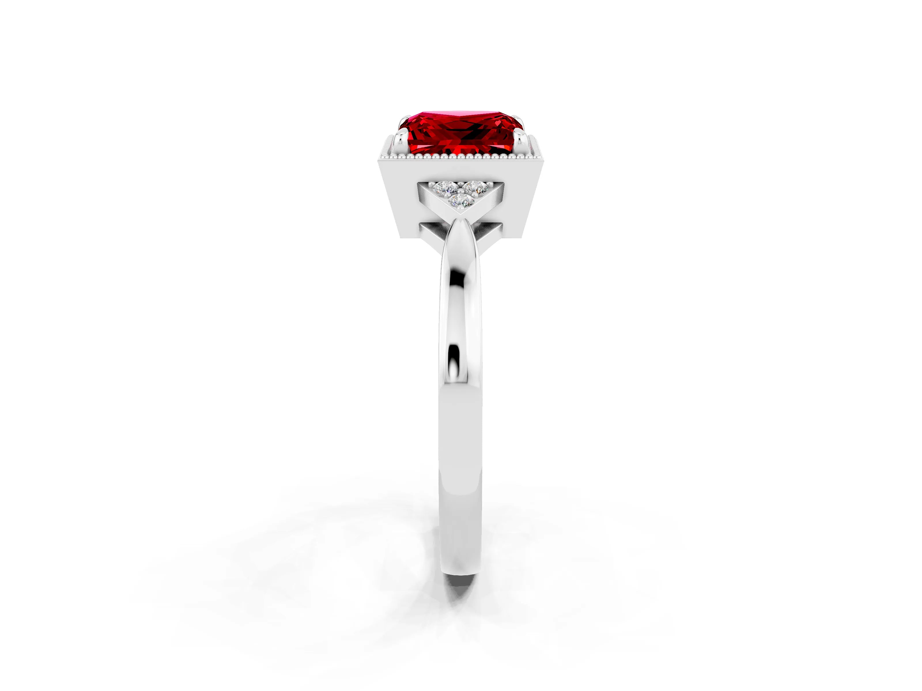 White gold Princess Cut Ruby Halo Ring with Tapered Band and Four-Prong Setting_2