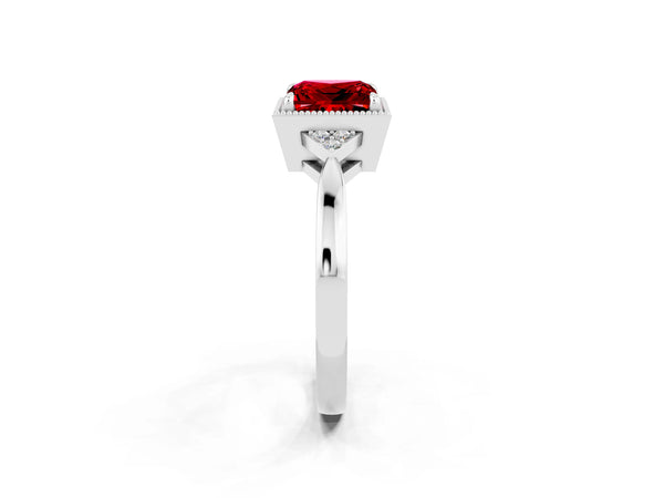 Platinum Princess Cut Ruby Halo Ring with Tapered Band and Four-Prong Setting