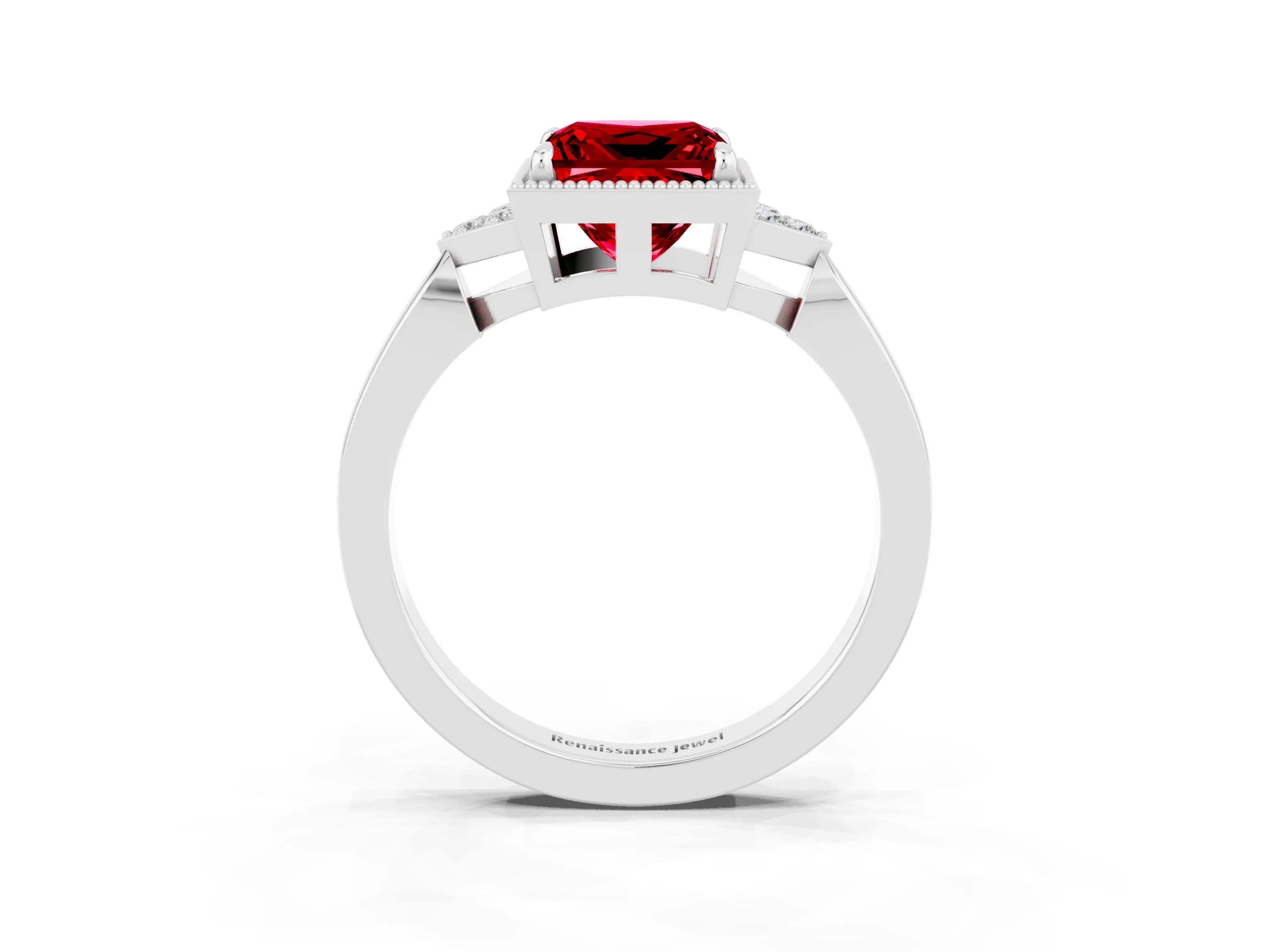 White gold Princess Cut Ruby Halo Ring with Tapered Band and Four-Prong Setting_3