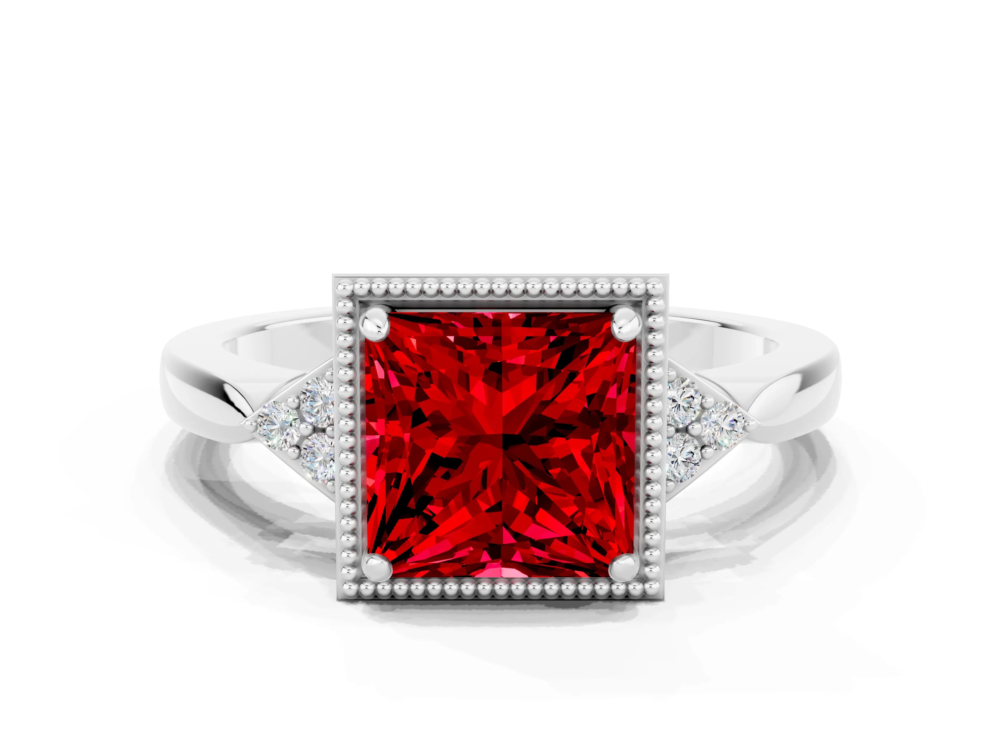 White gold Princess Cut Ruby Halo Ring with Tapered Band and Four-Prong Setting
