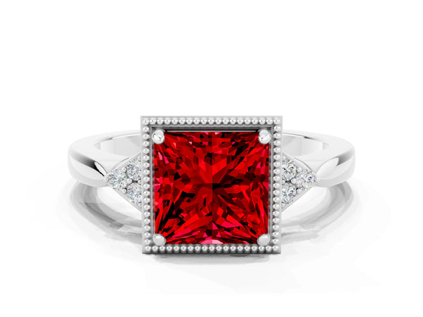 White gold Princess Cut Ruby Halo Ring with Tapered Band and Four-Prong Setting