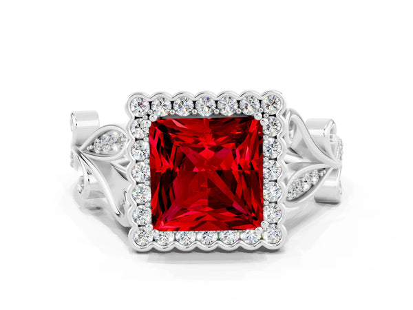 Platinum Princess Cut Ruby Halo Ring with Vintage Split Shank and Four-Prong Setting