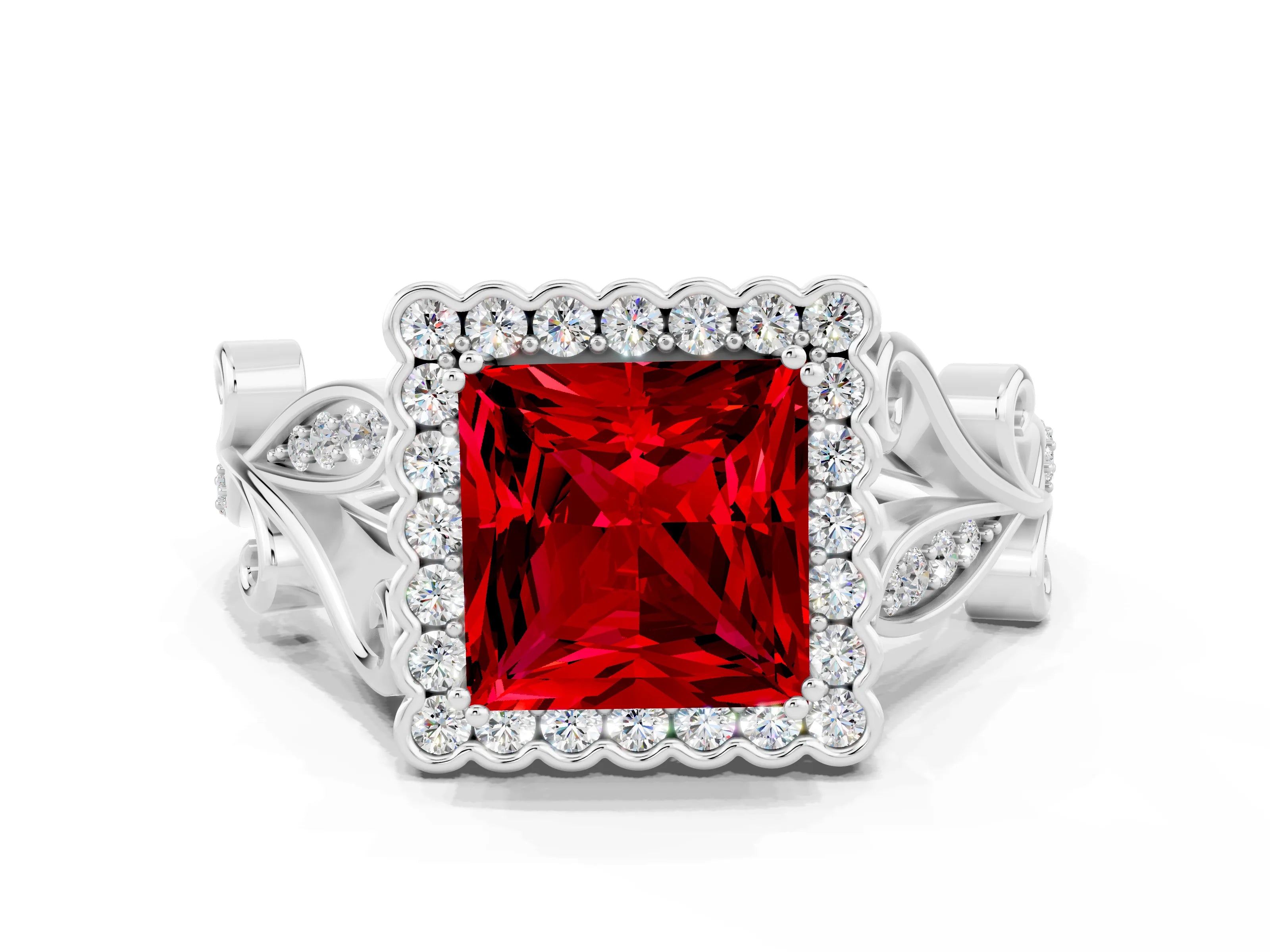 White gold Princess Cut Ruby Halo Ring with Vintage Split Shank and Four-Prong Setting_24