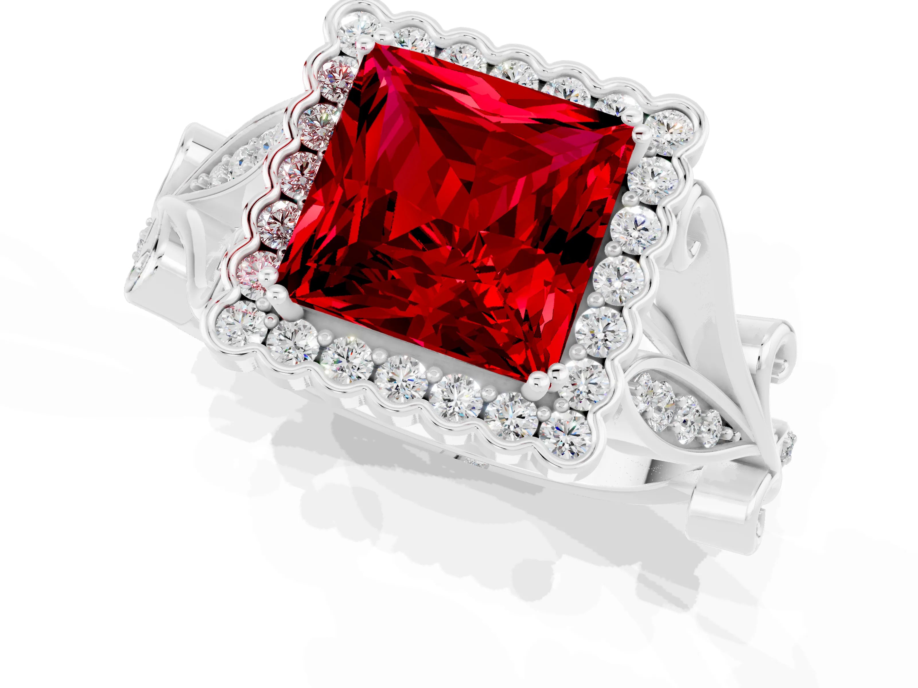 White gold Princess Cut Ruby Halo Ring with Vintage Split Shank and Four-Prong Setting_25