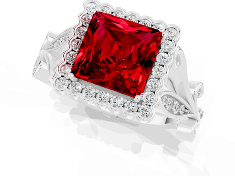 White gold Princess Cut Ruby Halo Ring with Vintage Split Shank and Four-Prong Setting_25