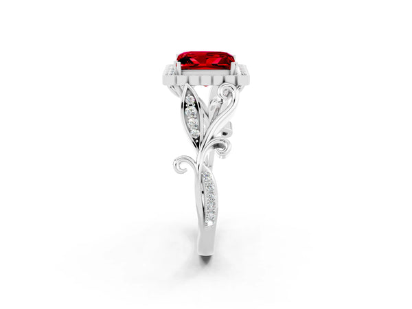 Silver Princess Cut Ruby Halo Ring with Vintage Split Shank and Four-Prong Setting