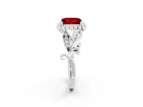 White gold Princess Cut Ruby Halo Ring with Vintage Split Shank and Four-Prong Setting_26