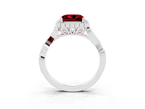 White gold Princess Cut Ruby Halo Ring with Vintage Split Shank and Four-Prong Setting