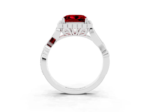 White gold Princess Cut Ruby Halo Ring with Vintage Split Shank and Four-Prong Setting_27