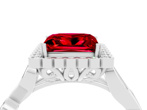 White gold Princess Cut Ruby Halo Ring with Vintage Split Shank and Four-Prong Setting_28