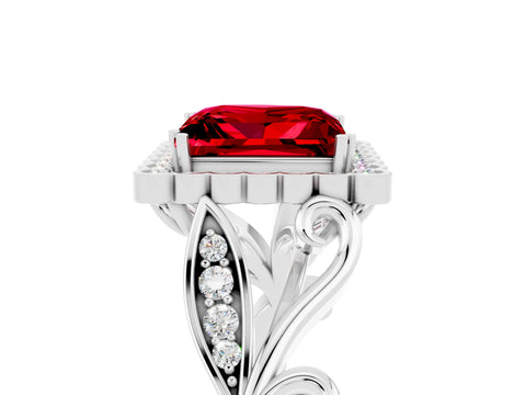 White gold Princess Cut Ruby Halo Ring with Vintage Split Shank and Four-Prong Setting_29