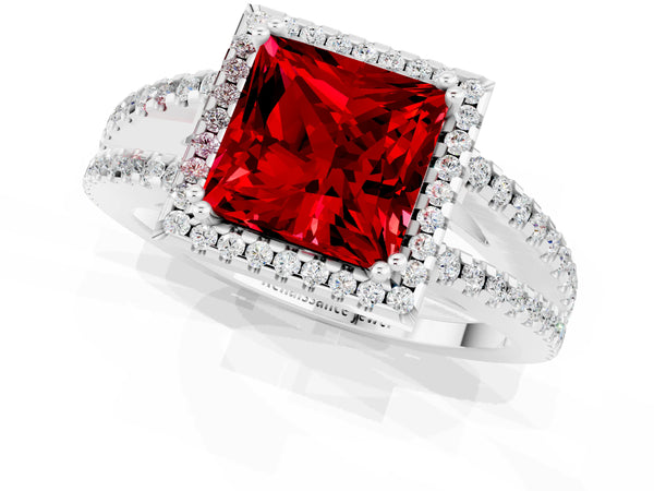 Platinum Princess Cut Ruby Halo Split Shank Engagement Ring
