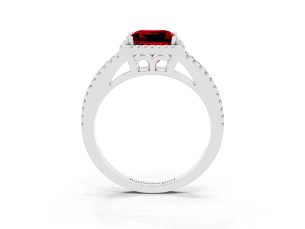 White gold Princess Cut Ruby Halo Split Shank Engagement Ring