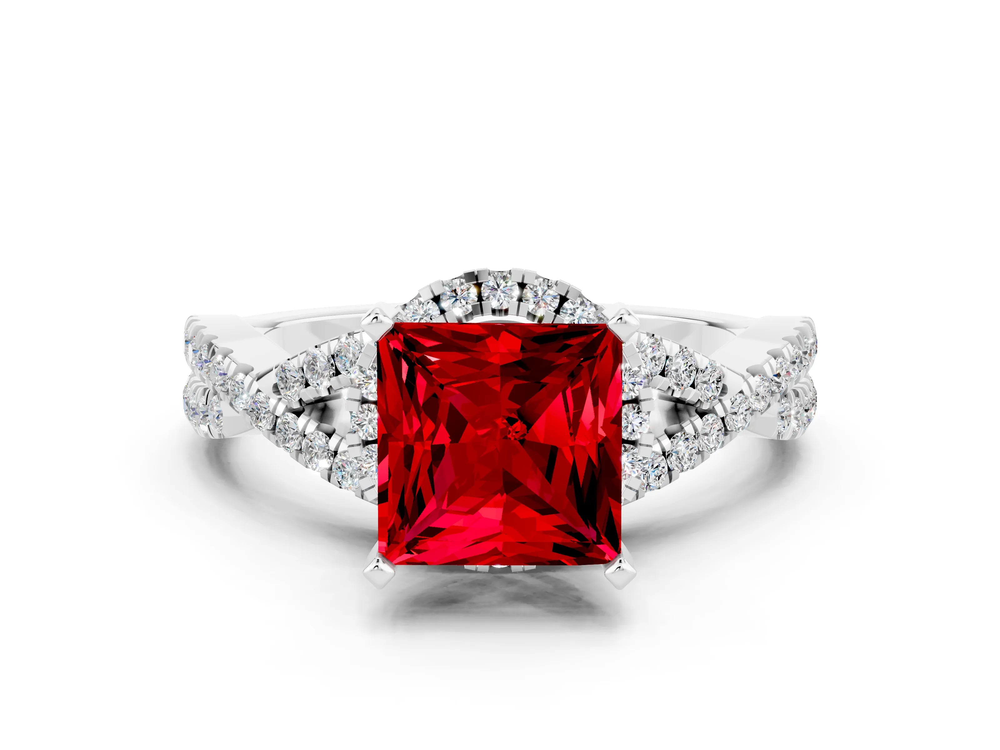 White gold Princess Cut Ruby Halo Twist Band Solitaire Prong Setting Ring