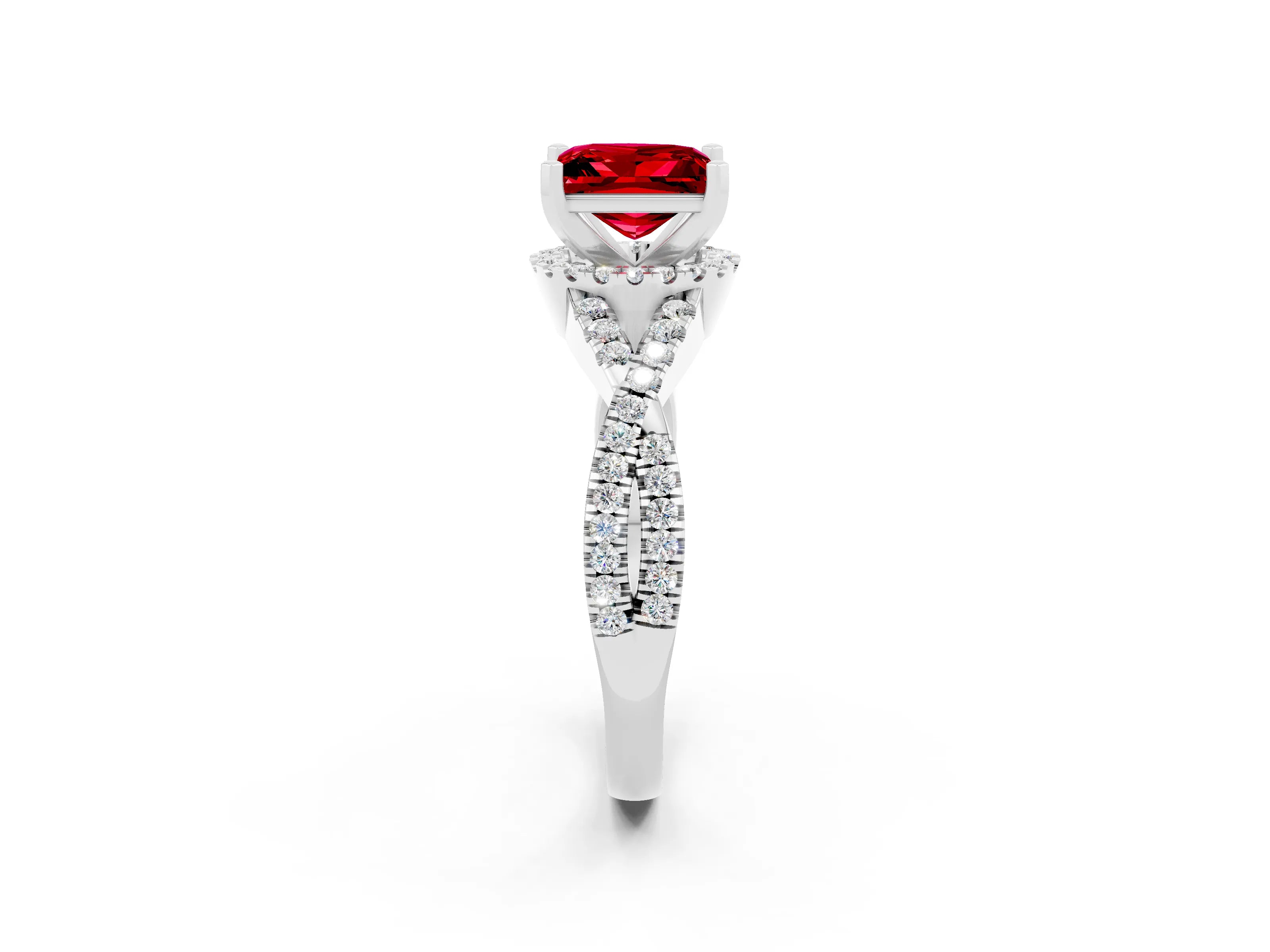 White gold Princess Cut Ruby Halo Twist Band Solitaire Prong Setting Ring_2