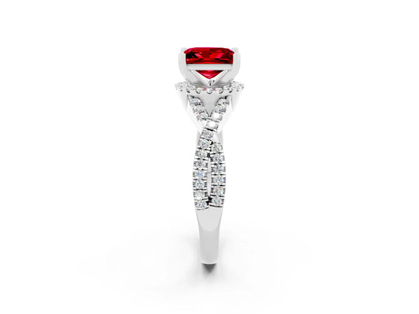 Silver Princess Cut Ruby  Halo Twist Band Solitaire Prong Setting Ring