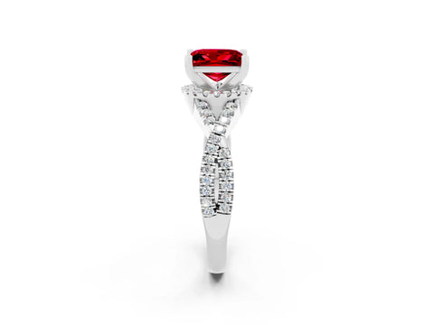 White gold Princess Cut Ruby Halo Twist Band Solitaire Prong Setting Ring_2
