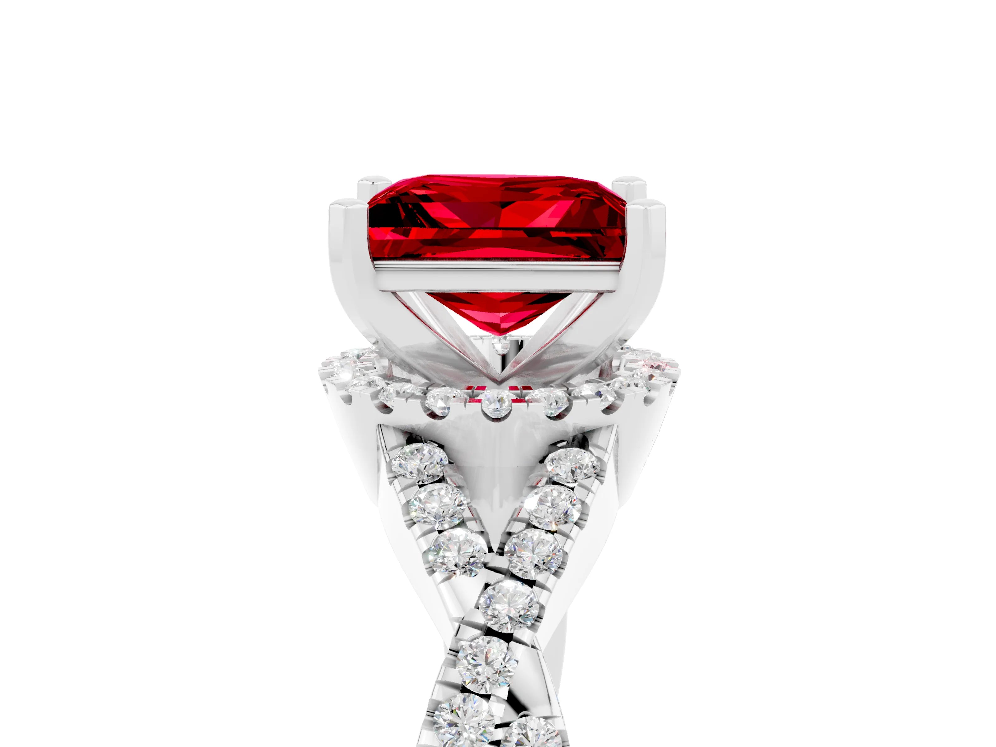 White gold Princess Cut Ruby Halo Twist Band Solitaire Prong Setting Ring_5