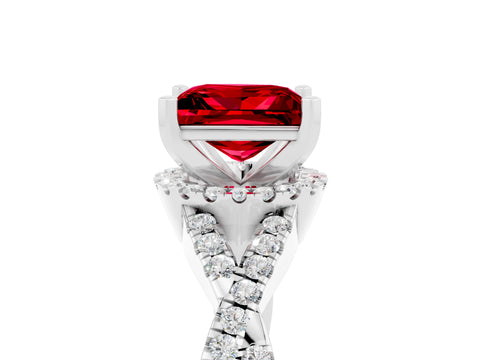 White gold Princess Cut Ruby Halo Twist Band Solitaire Prong Setting Ring_5