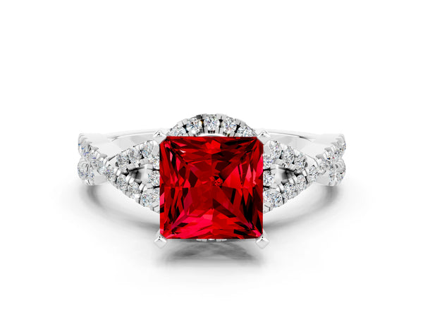 Silver Princess Cut Ruby  Halo Twist Band Solitaire Prong Setting Ring