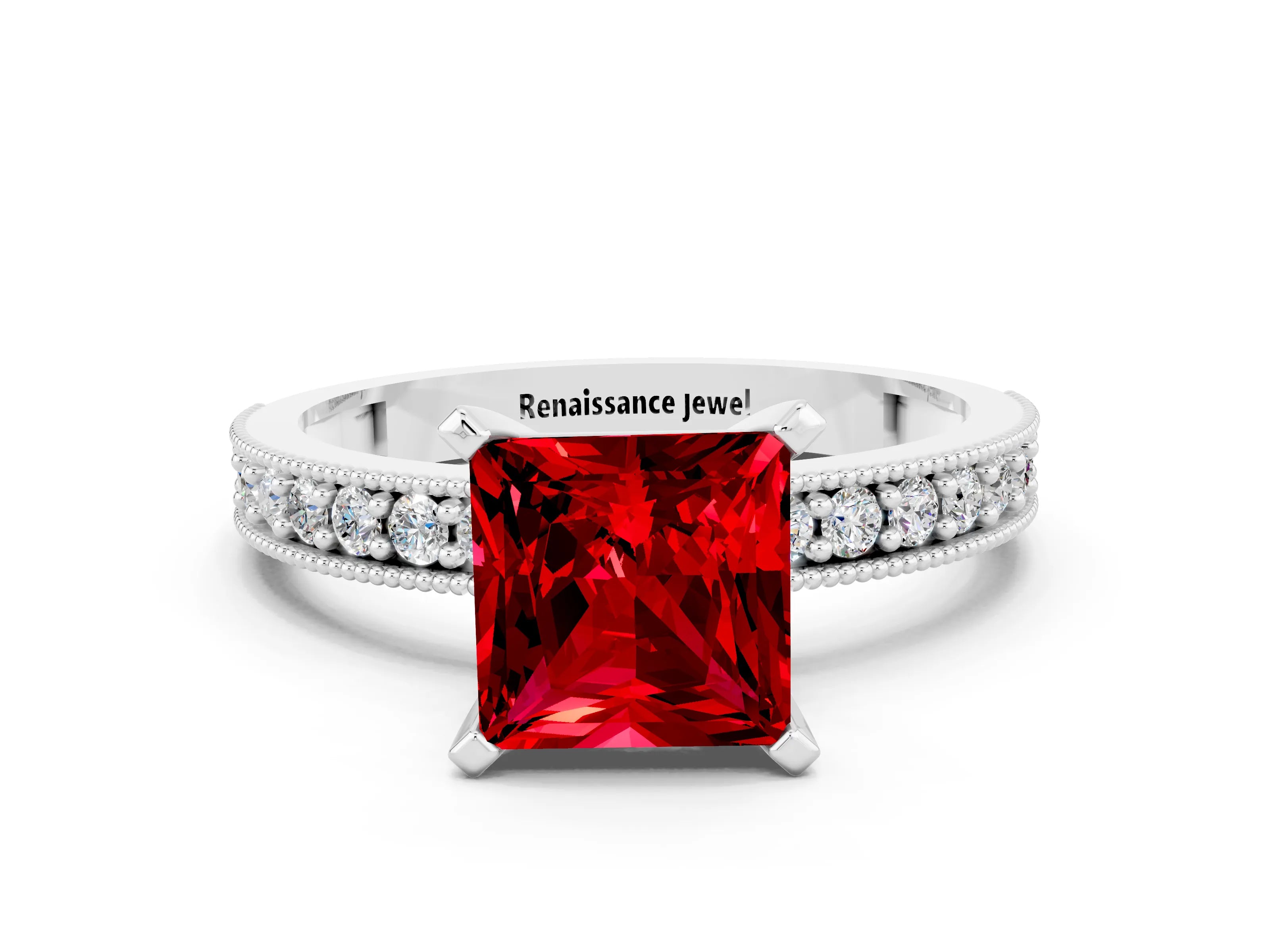 White gold Princess Cut Ruby Milgrain Pavé Engagement Ring with Four-Prong Setting_12