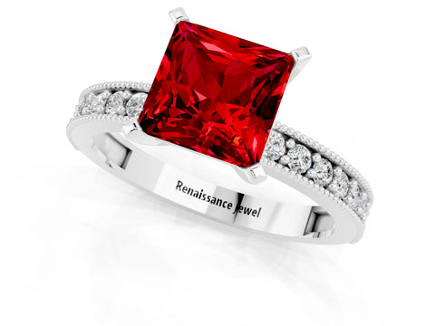 White gold Princess Cut Ruby Milgrain Pavé Engagement Ring with Four-Prong Setting_13