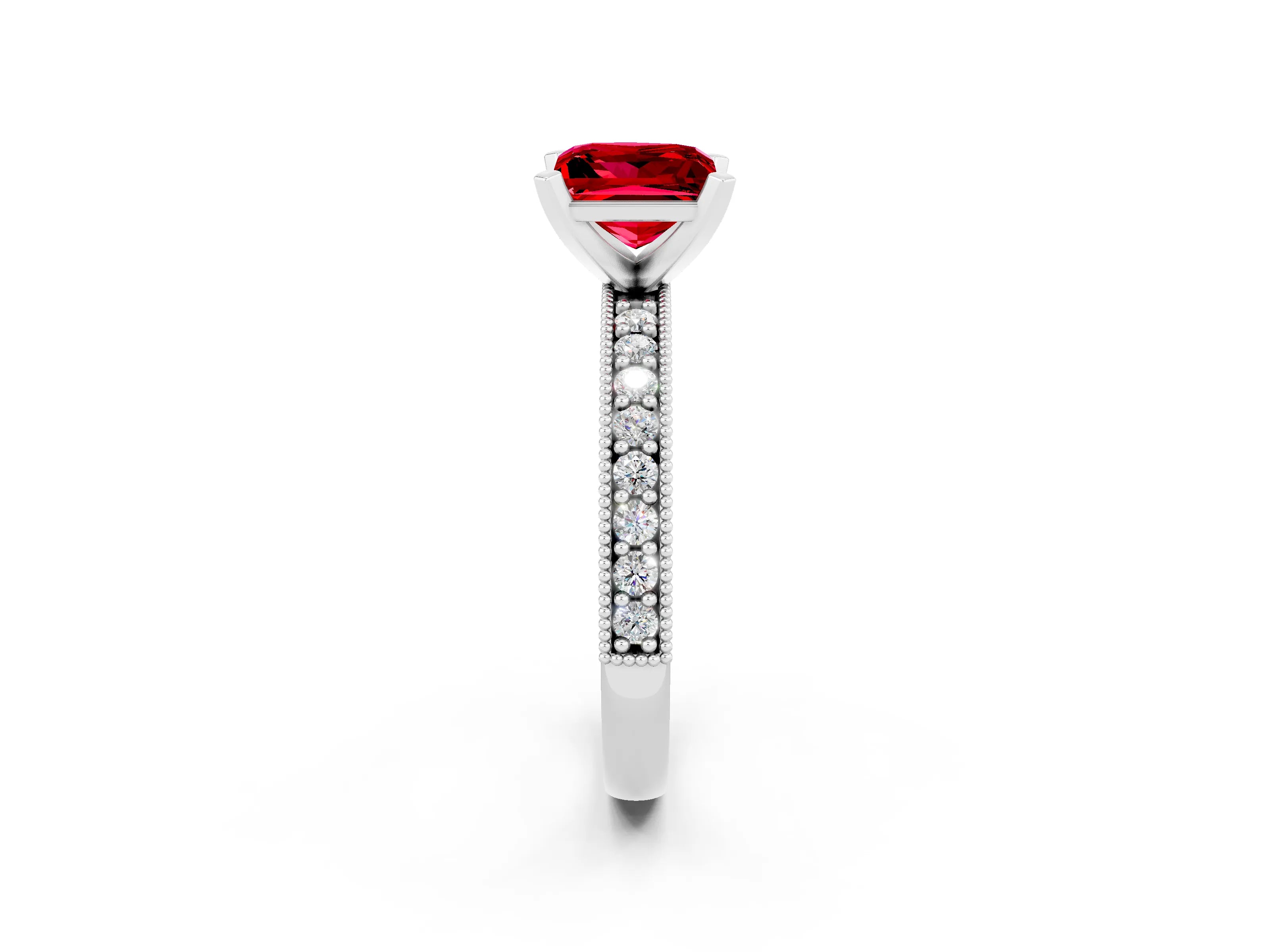White gold Princess Cut Ruby Milgrain Pavé Engagement Ring with Four-Prong Setting_14