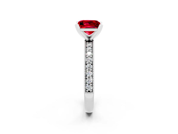 Silver Princess Cut Ruby Milgrain Pavé Engagement Ring with Four-Prong Setting