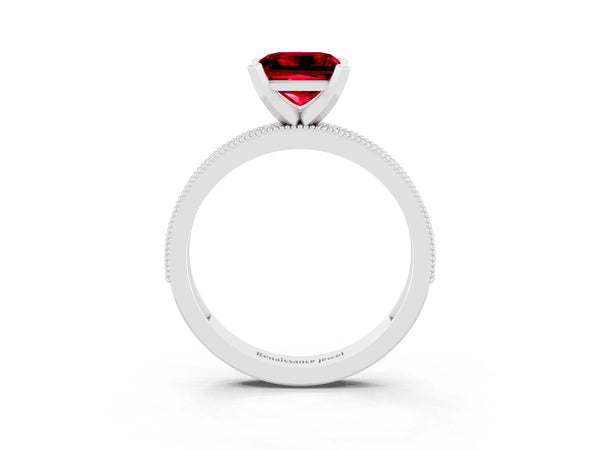 White gold Princess Cut Ruby Milgrain Pavé Engagement Ring with Four-Prong Setting