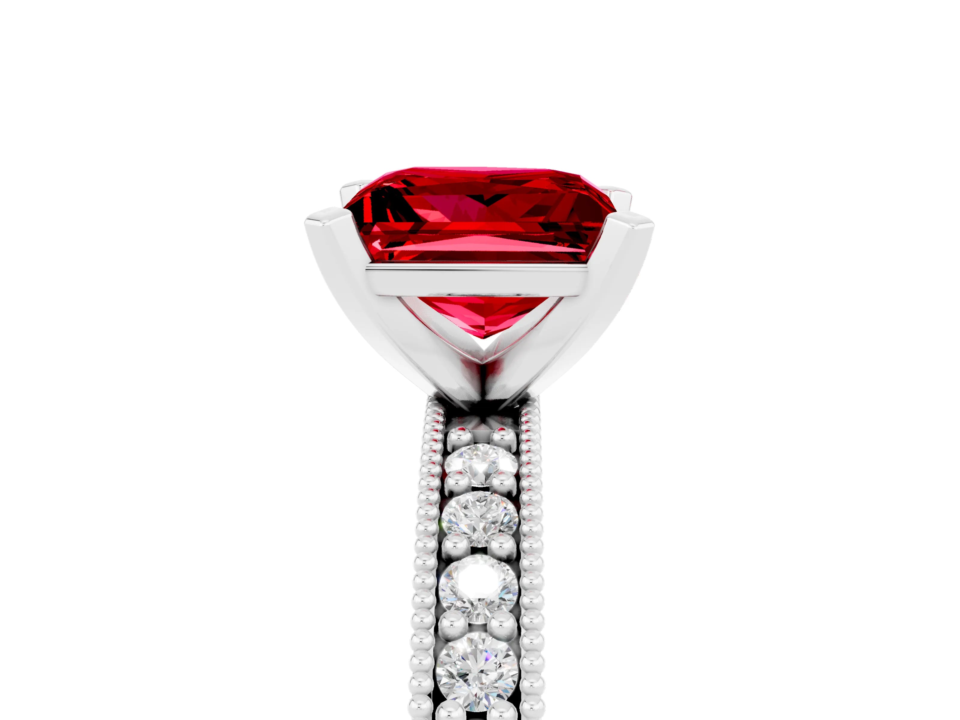 White gold Princess Cut Ruby Milgrain Pavé Engagement Ring with Four-Prong Setting_17