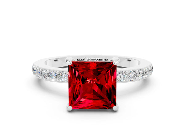 Platinum Princess Cut Ruby Pavé Engagement Ring with Round  Accents and Prong Setting