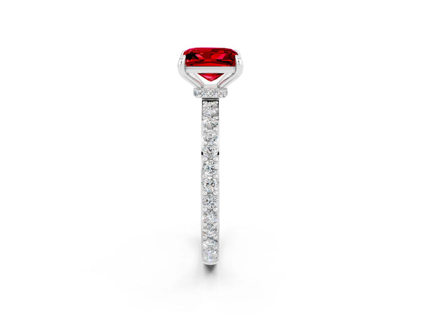 White gold Princess Cut Ruby Pavé Engagement Ring with Round  Accents and Prong Setting