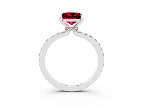 Platinum Princess Cut Ruby Pavé Engagement Ring with Round  Accents and Prong Setting