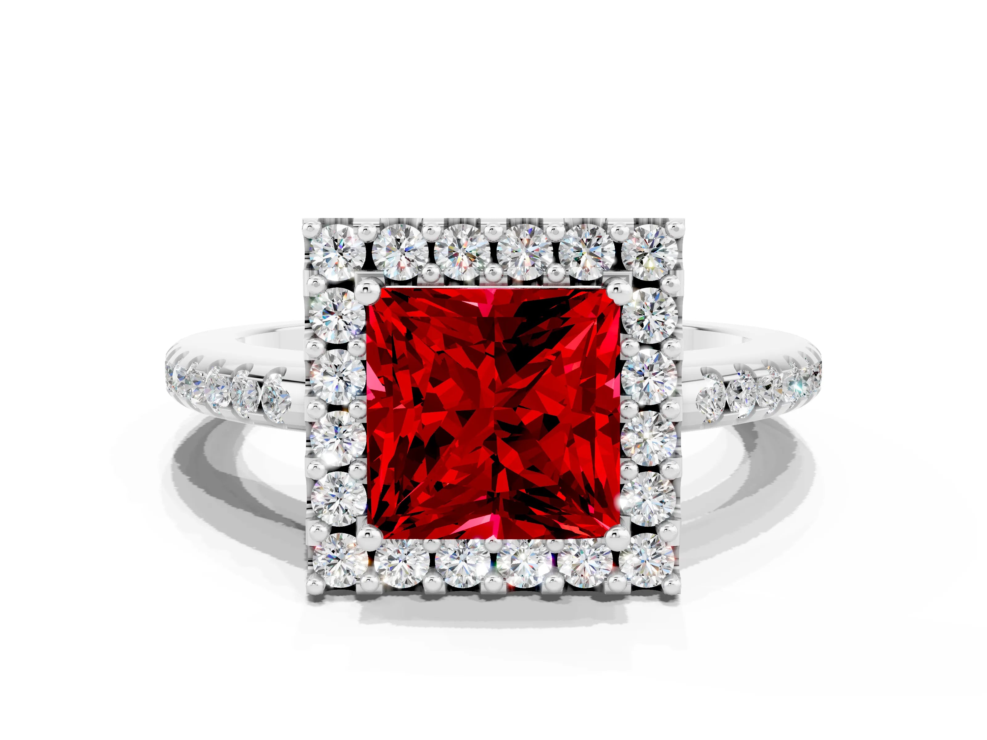 White gold Princess Cut Ruby Pavé Halo Ring with Four-Prong Setting_30
