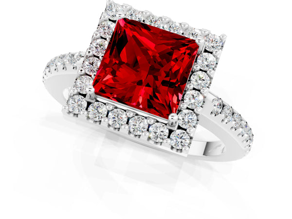 White gold Princess Cut Ruby Pavé Halo Ring with Four-Prong Setting