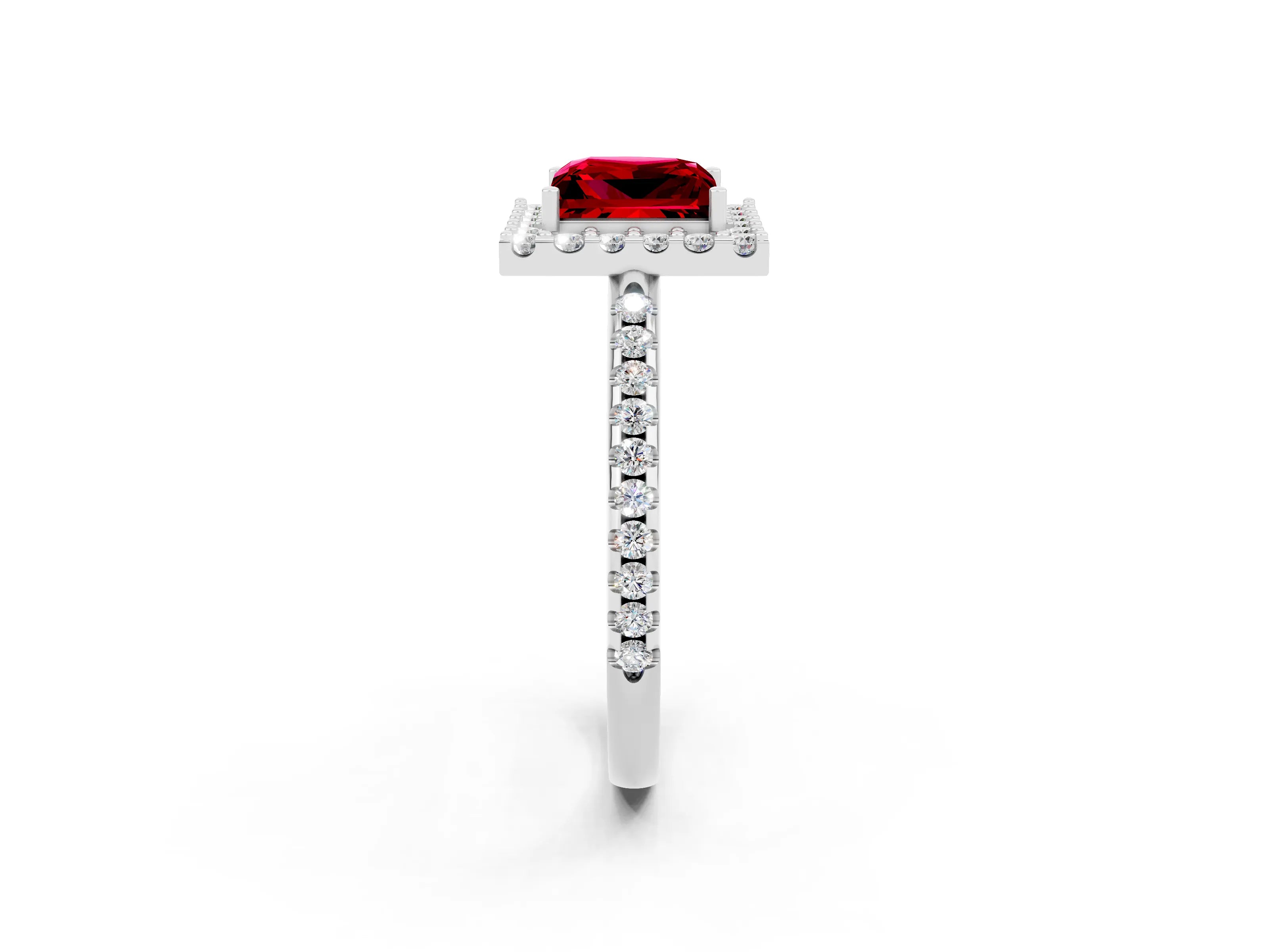 White gold Princess Cut Ruby Pavé Halo Ring with Four-Prong Setting_32