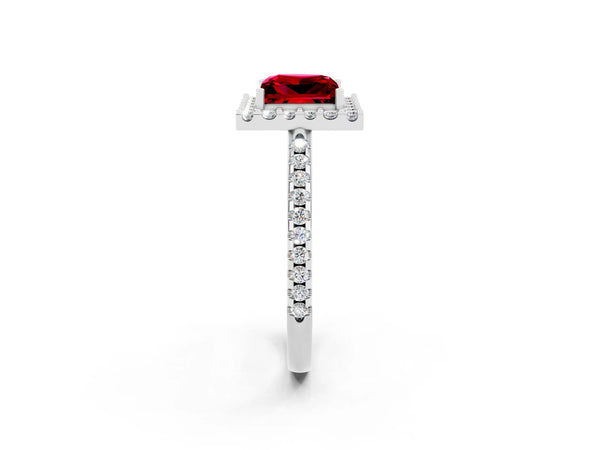Silver Princess Cut Ruby Pavé Halo Ring with Four-Prong Setting