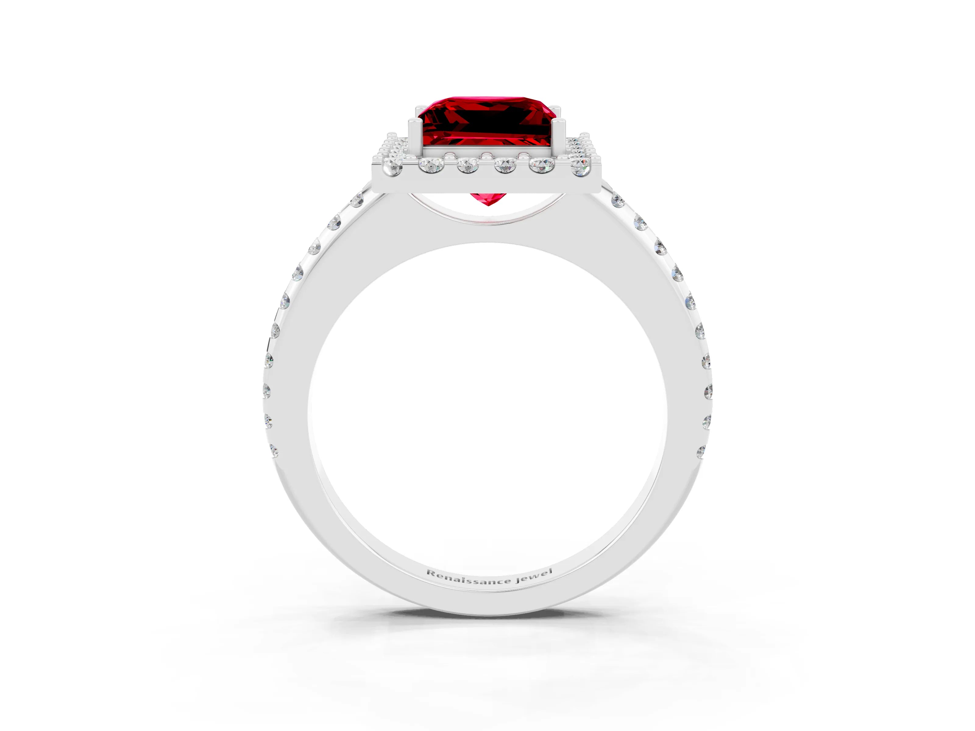 White gold Princess Cut Ruby Pavé Halo Ring with Four-Prong Setting_33