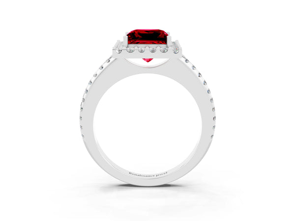 Silver Princess Cut Ruby Pavé Halo Ring with Four-Prong Setting