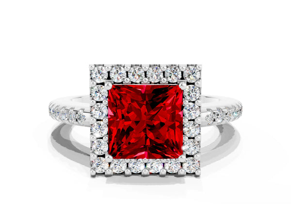 Platinum Princess Cut Ruby Pavé Halo Ring with Four-Prong Setting