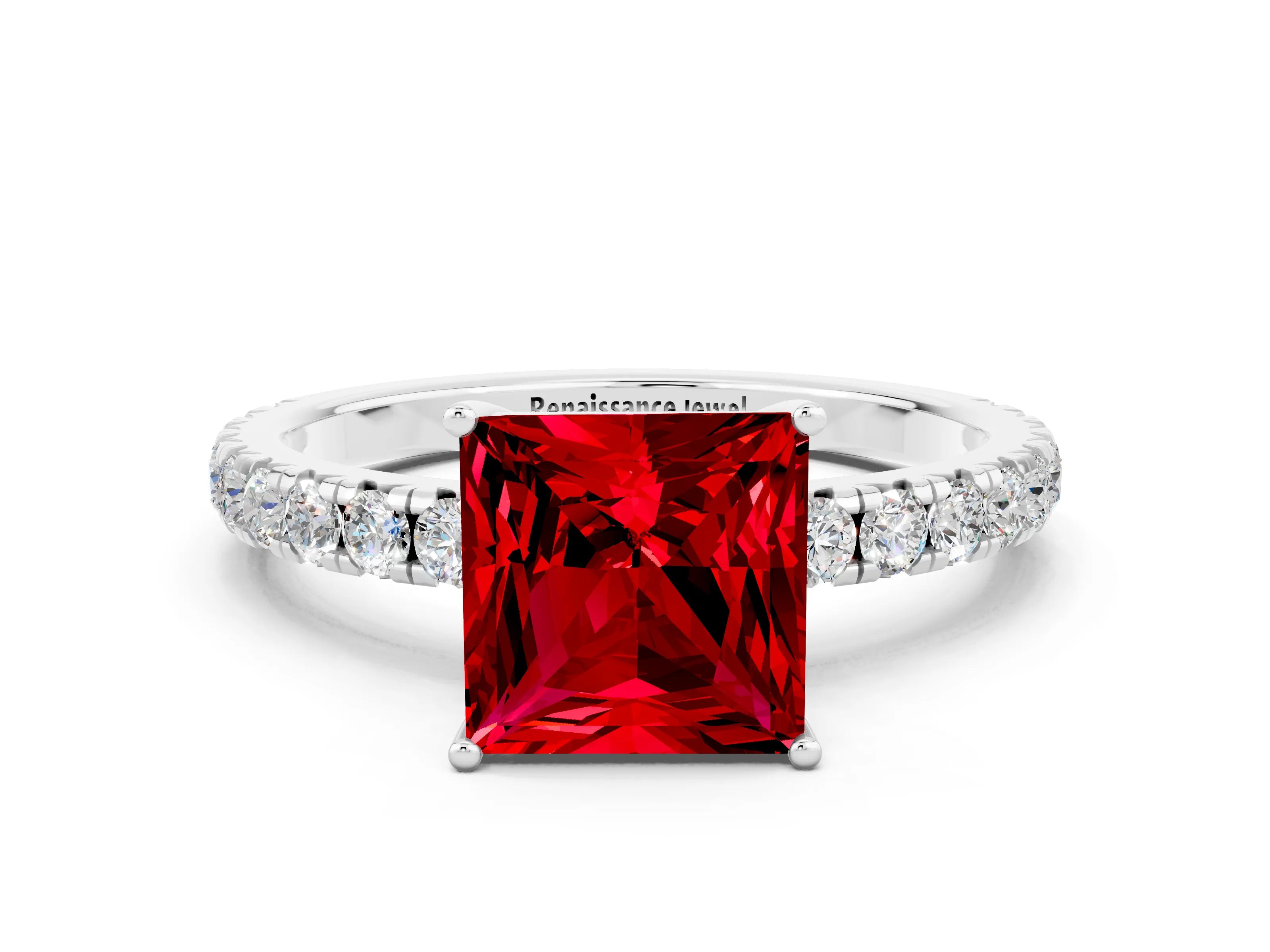 White gold Princess Cut Ruby Pavé Solitaire Engagement Ring with Four-Prong Setting_12