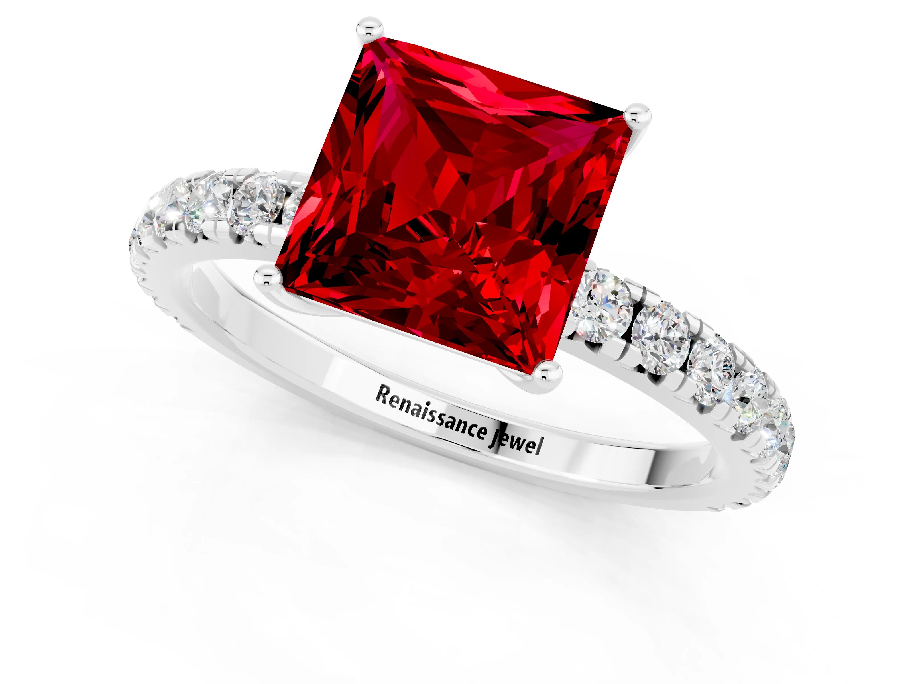White gold Princess Cut Ruby Pavé Solitaire Engagement Ring with Four-Prong Setting_13