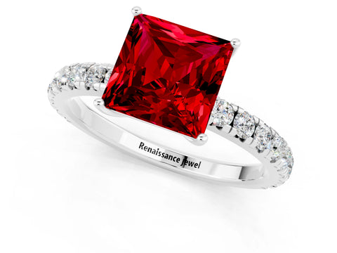 White gold Princess Cut Ruby Pavé Solitaire Engagement Ring with Four-Prong Setting_13