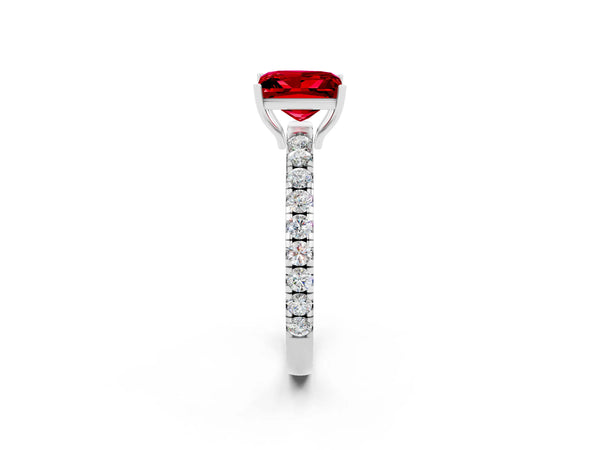 Platinum Princess Cut Ruby Pavé Solitaire Engagement Ring with Four-Prong Setting